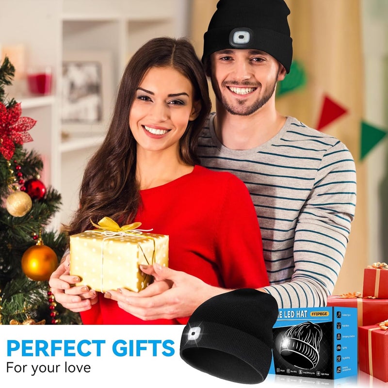 FFIPBGE Christmas Stocking Stuffers for Men Adults, Beanie Hats with Light, USB Rechargeable LED Hand Free Headlamp, Birthday Gifts for Men, Women, and Teens, Ideal for Camping, Hiking, Black - Image 2